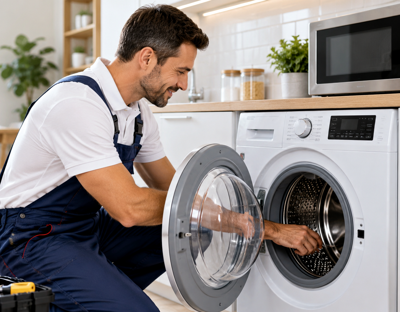 Technician examining a washing machine during service