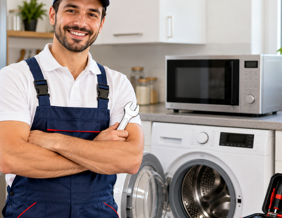 Appliance service technician standing beside a washing machine