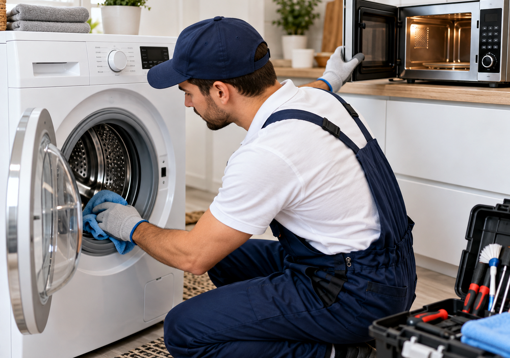 Technician carefully cleaning a washing machine drum